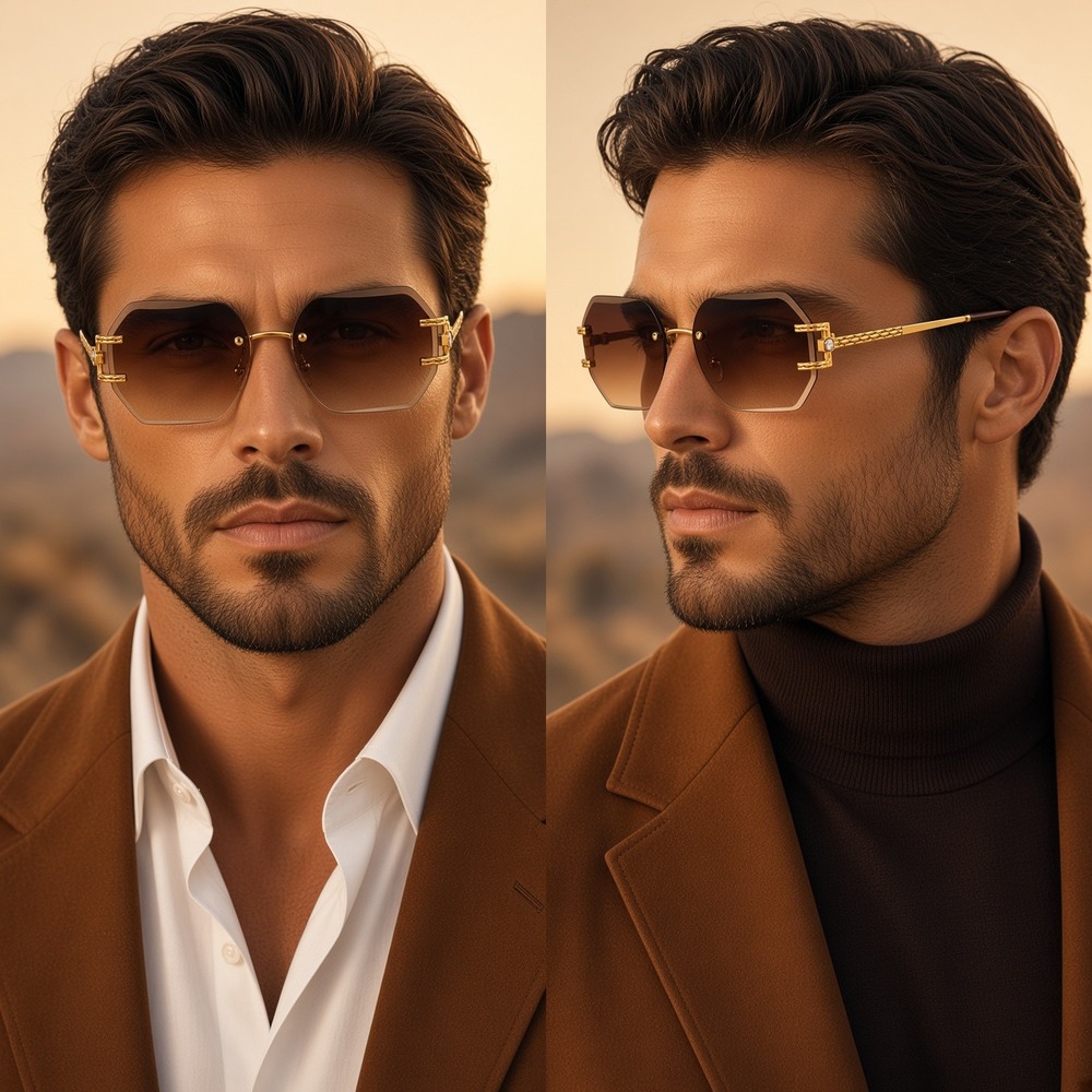 Men Sunglasses Fashion Designer Octagon Gold Frame Brown Lens Shades Hip Hop New